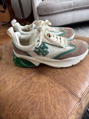 Tory Burch Cream, Green & Taupe Suede Mesh Sneakers